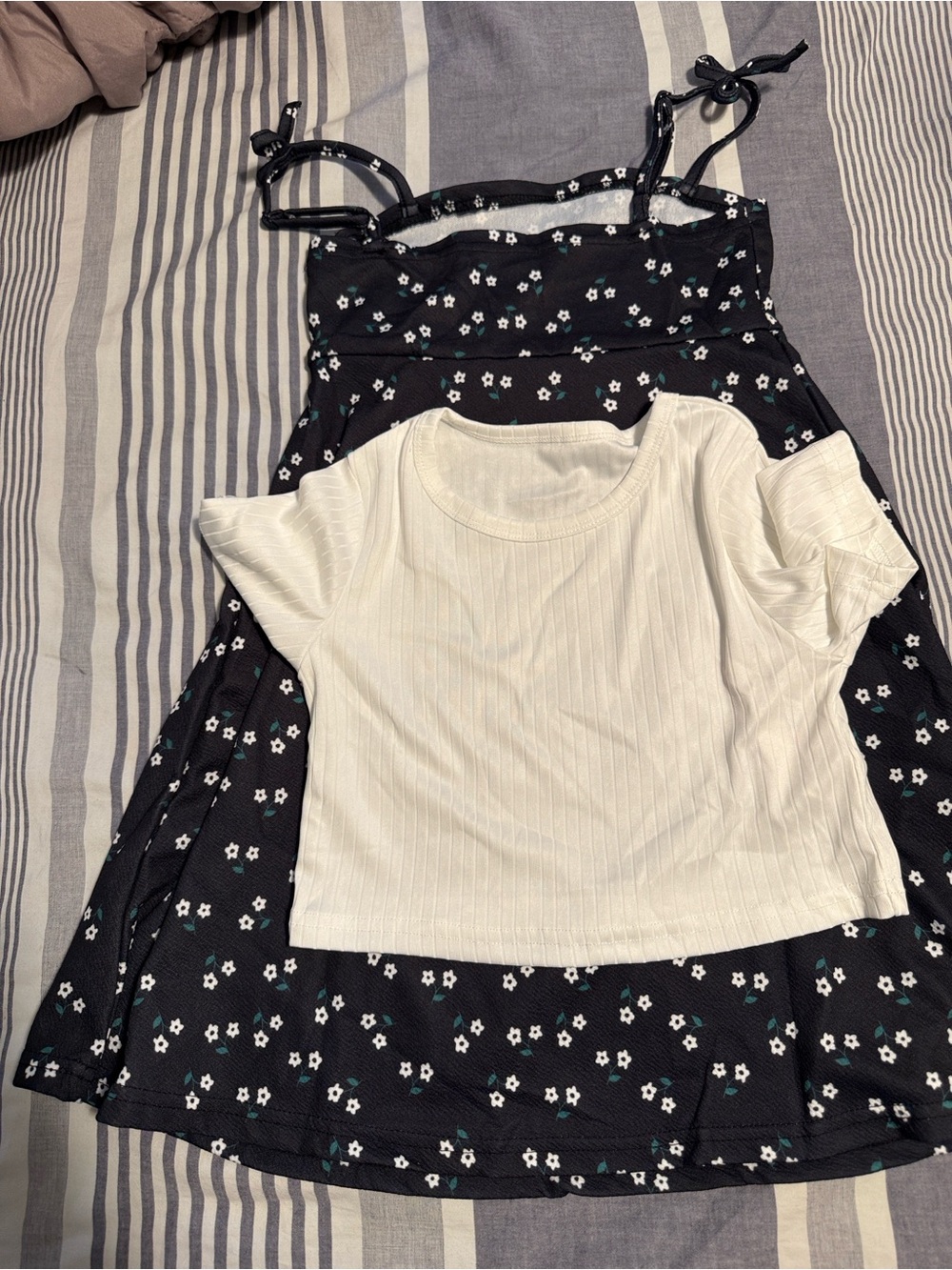 PatPat Black Floral Sundress with Cream Ribbed Tee